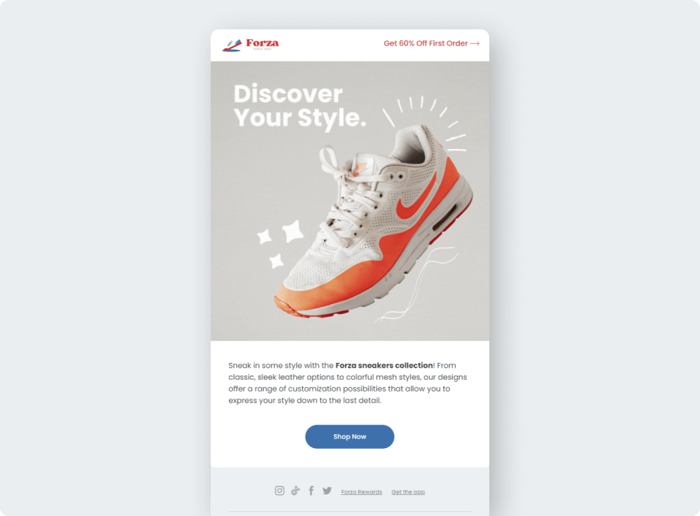 A responsive promotional email for Forza, a mock company that sells custom sneakers